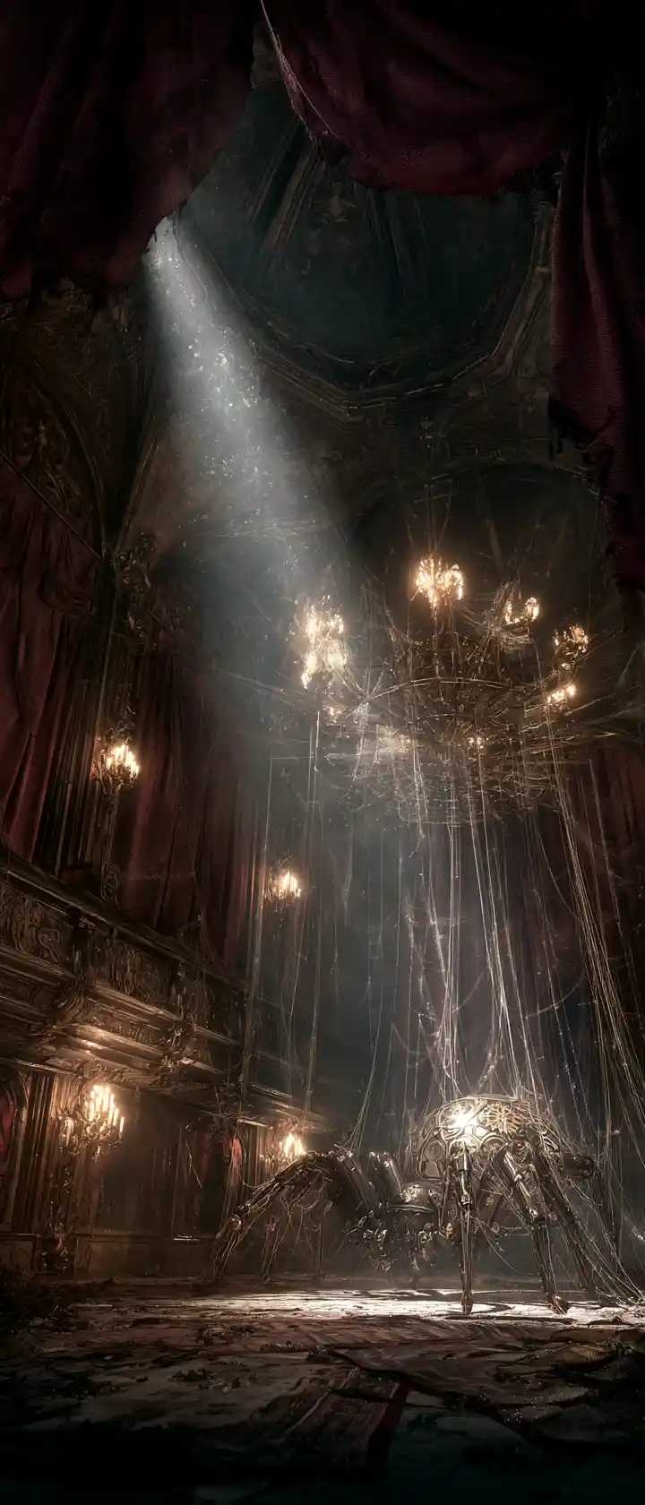 Clockwork spider weaving a glowing web in ruined ballroom