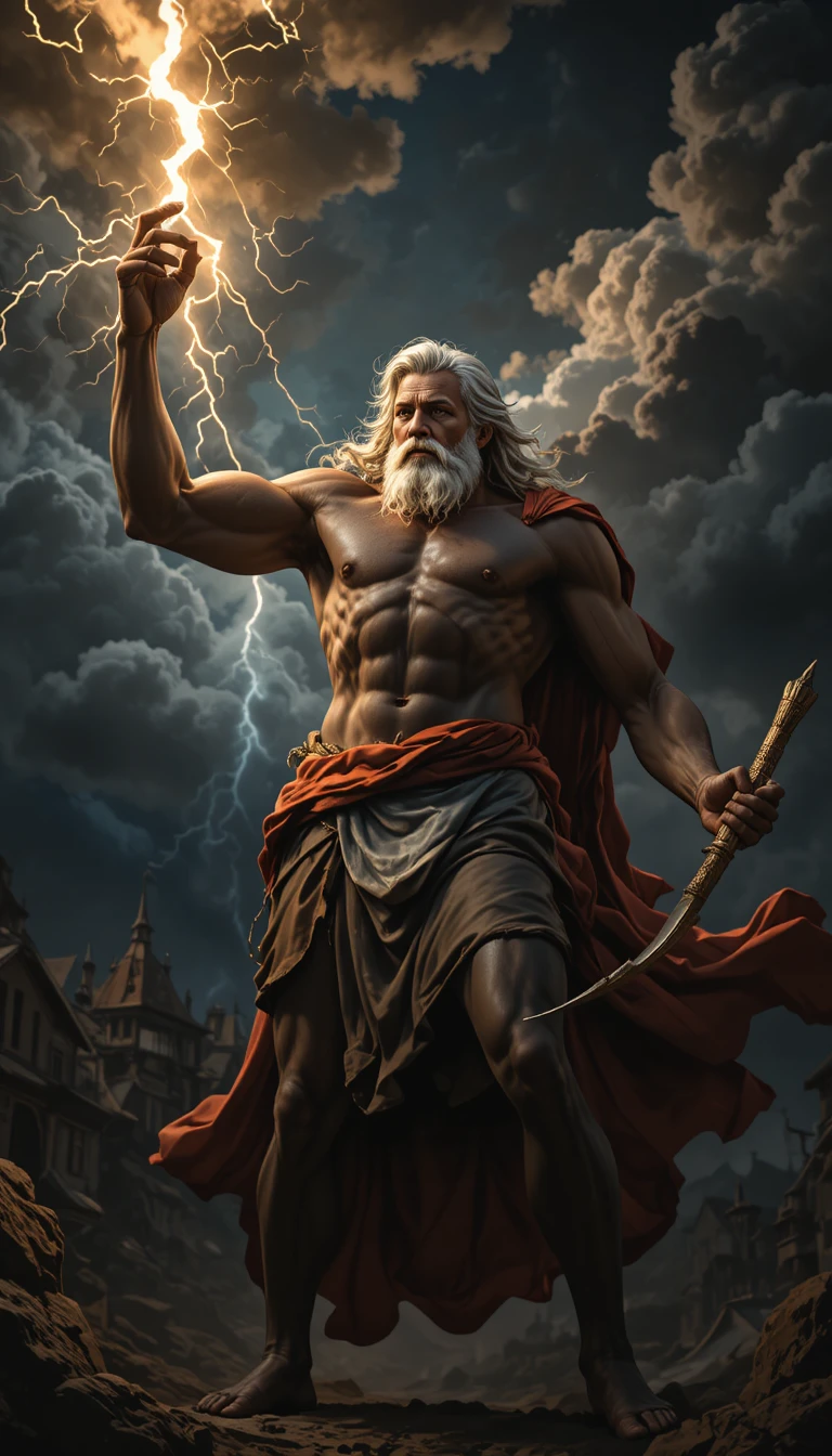 Zeus unleashing a lightning bolt over a distant village