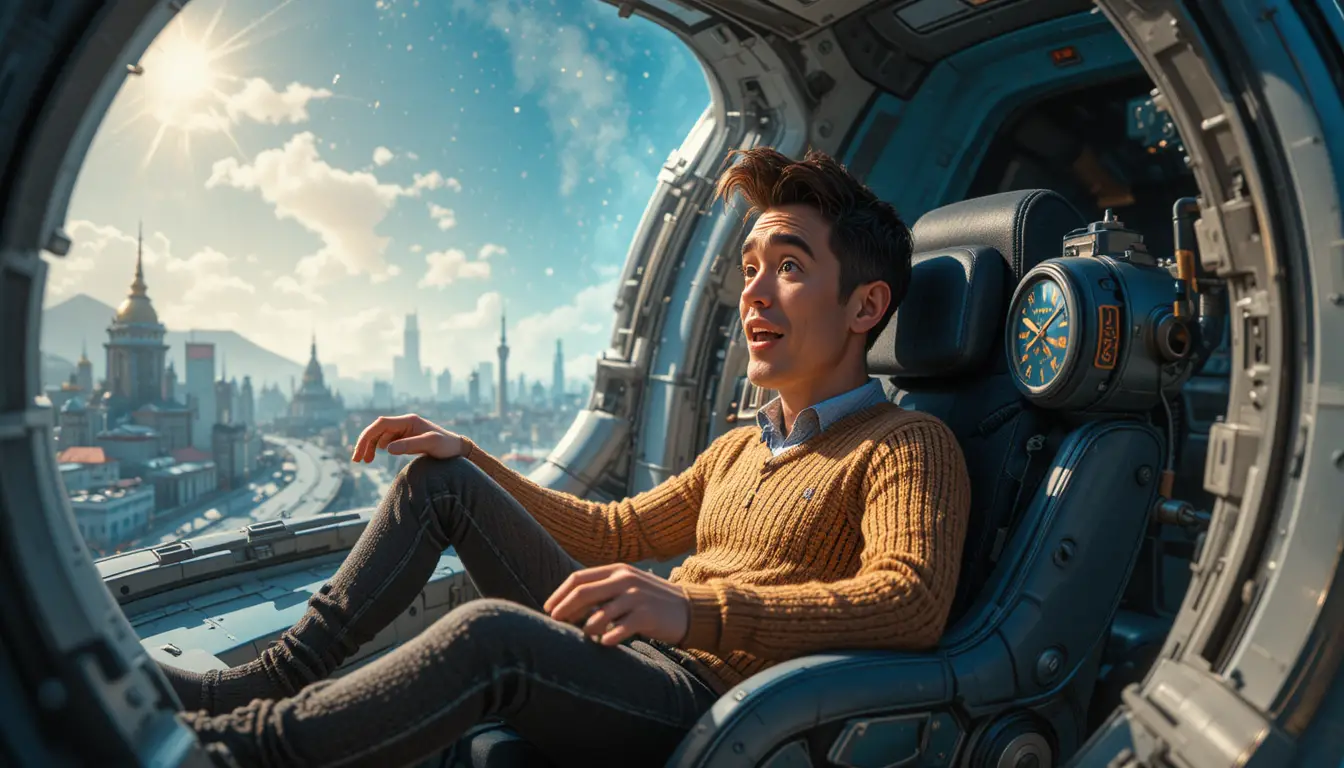 Pixar style man sitting inside a colorful time machine