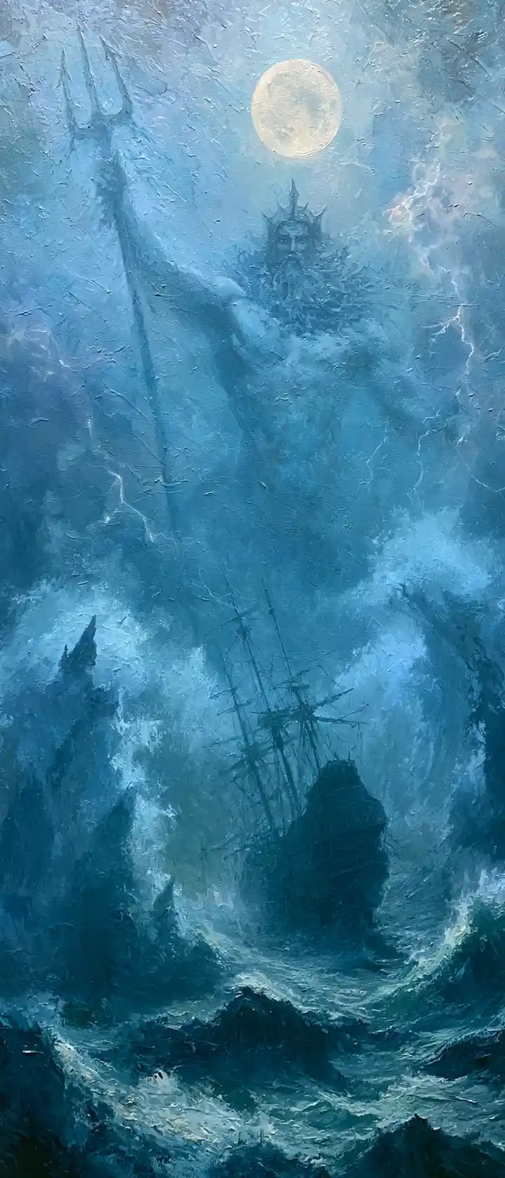 Poseidon towering over a storm tossed ship at night