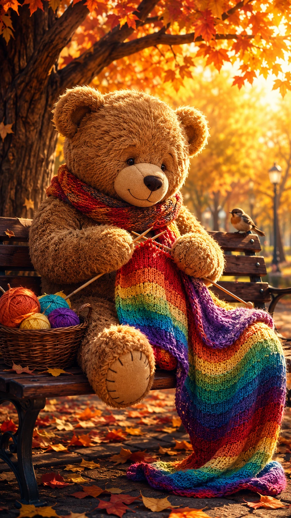 Whimsical teddy bear knitting a scarf on park bench