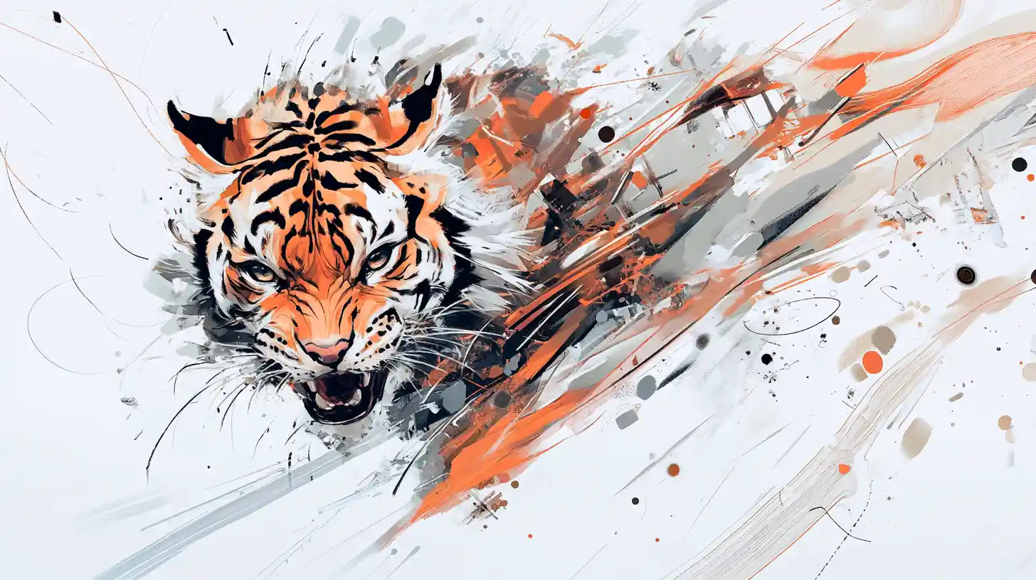 Futuristic feline child dissolving into abstract ink gestures