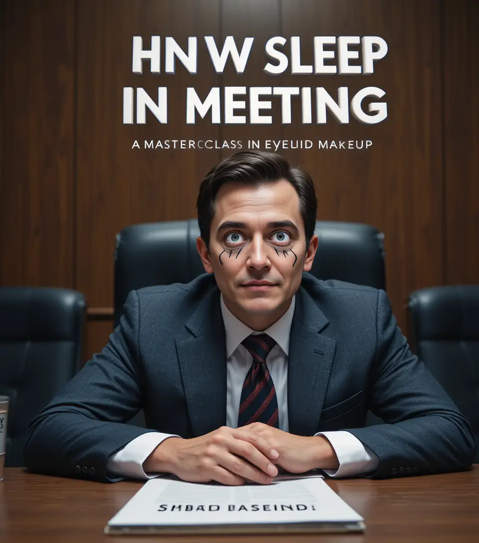 Corporate man with cartoon eyes painted on closed eyelids