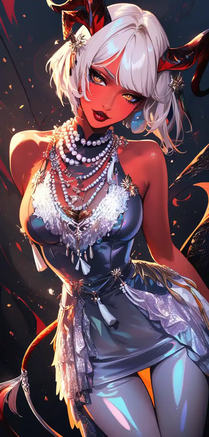 Donna tiefling in stile flapper con perle e abito di paillettes