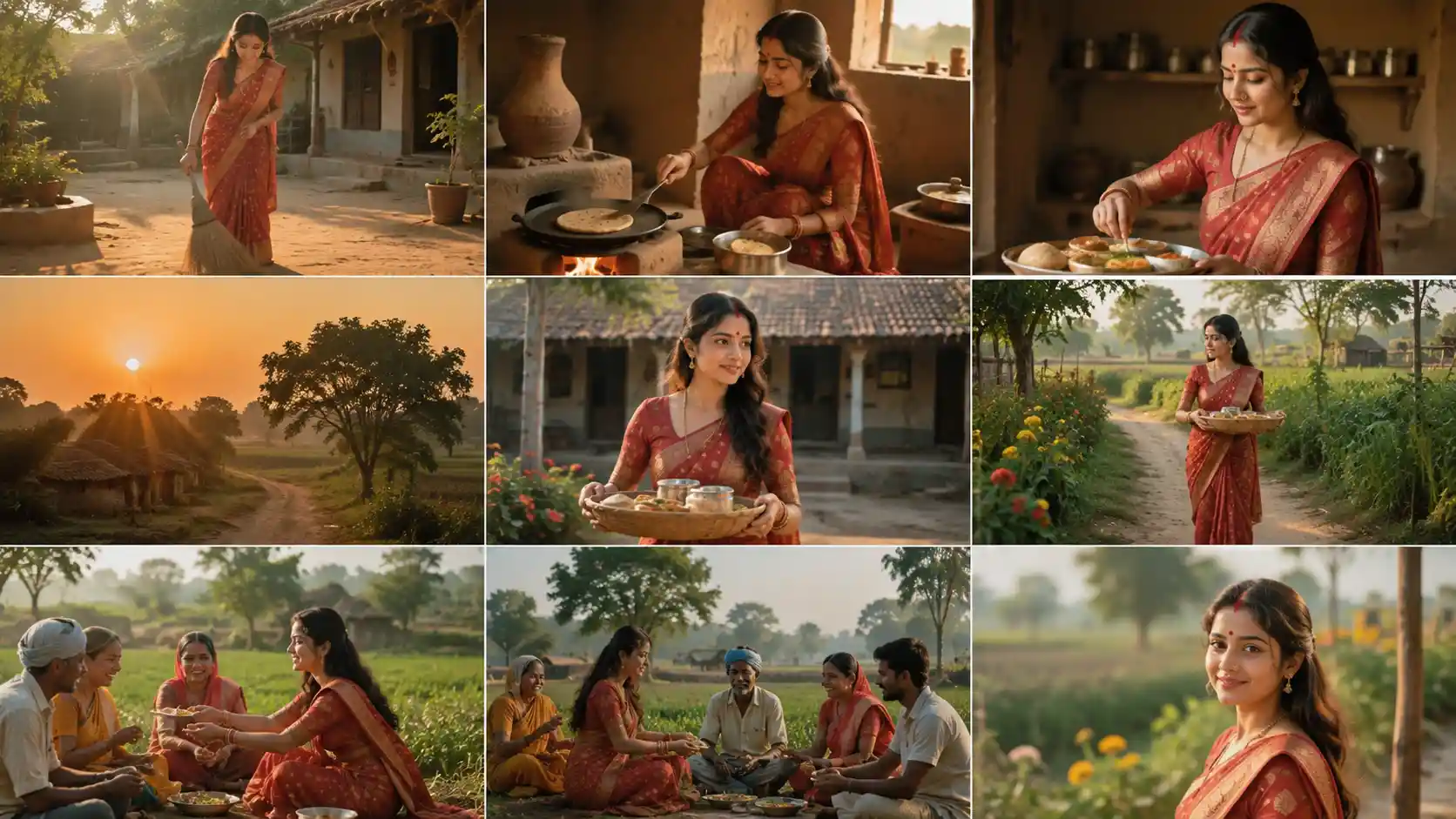 Indische Dorfbraut, die bei Sonnenaufgang den Hof fegt