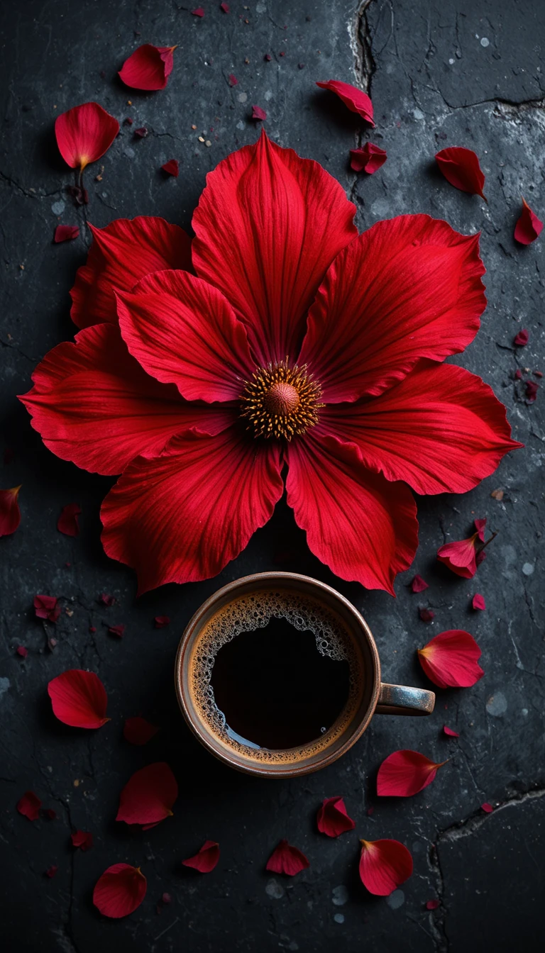 Red flower and espresso on dark stone in top down view