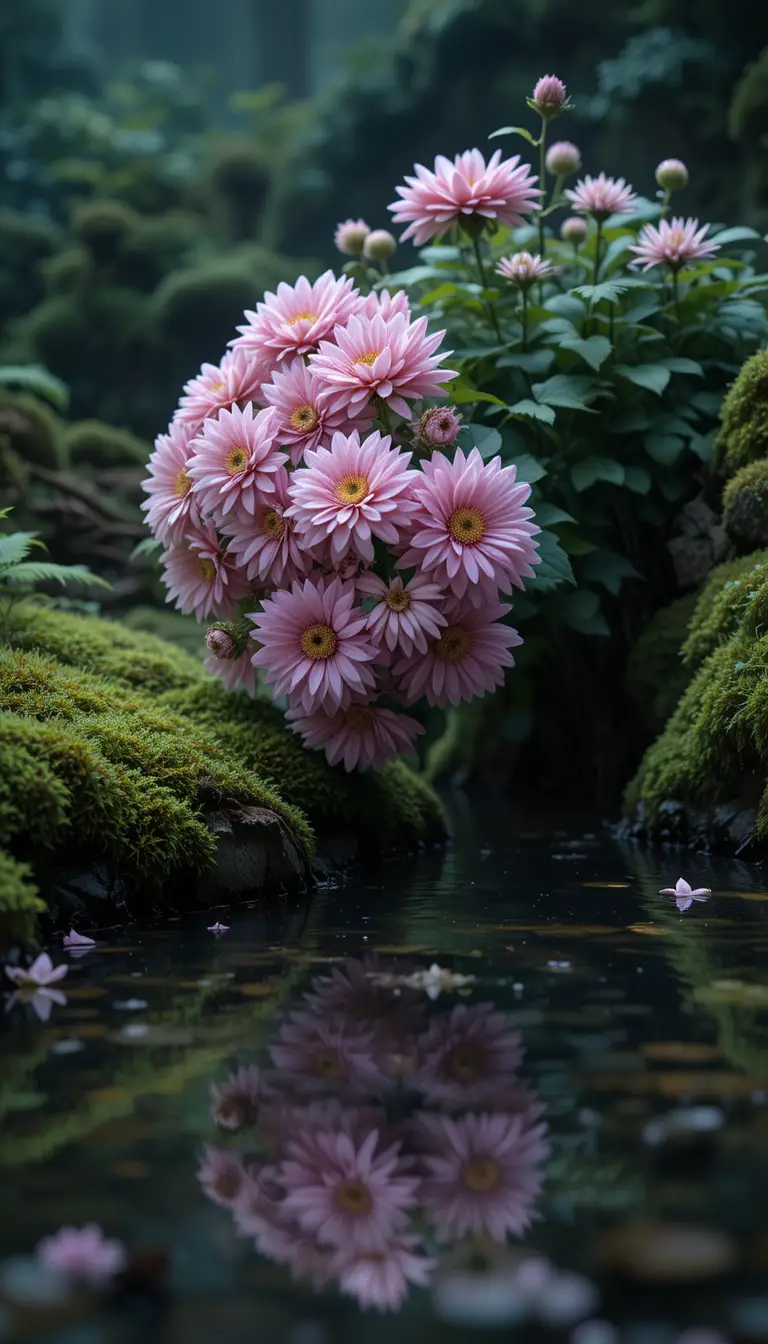 Soft pink chrysanthemums bending over a misty forest pond