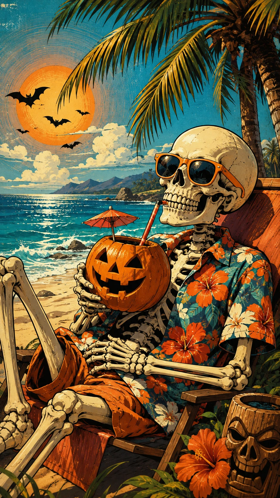 Cheerful skeleton relaxing on a sunny tropical beach