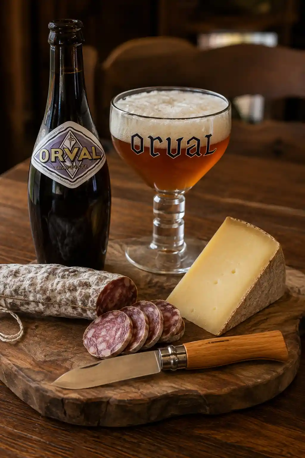 Cheese and charcuterie board with beer on wooden table