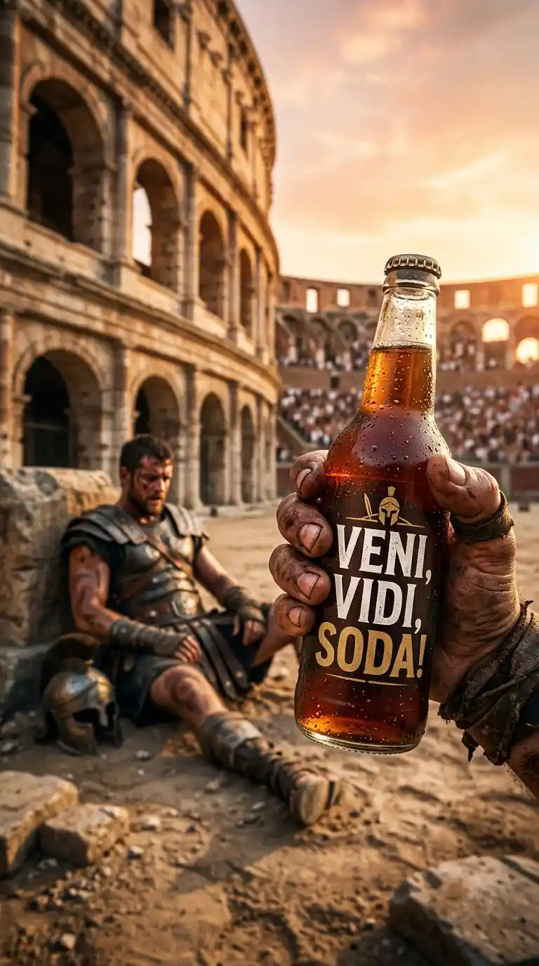 Gladiator mit Getränkeflasche in der Kolosseum-Arena aus Untersicht