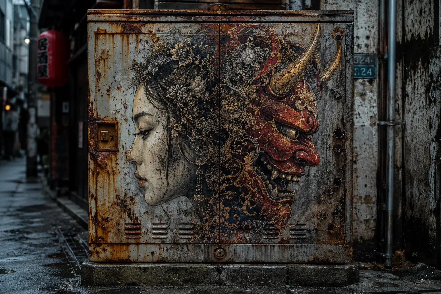 Rusty transformer box with Japanese woman and oni mural