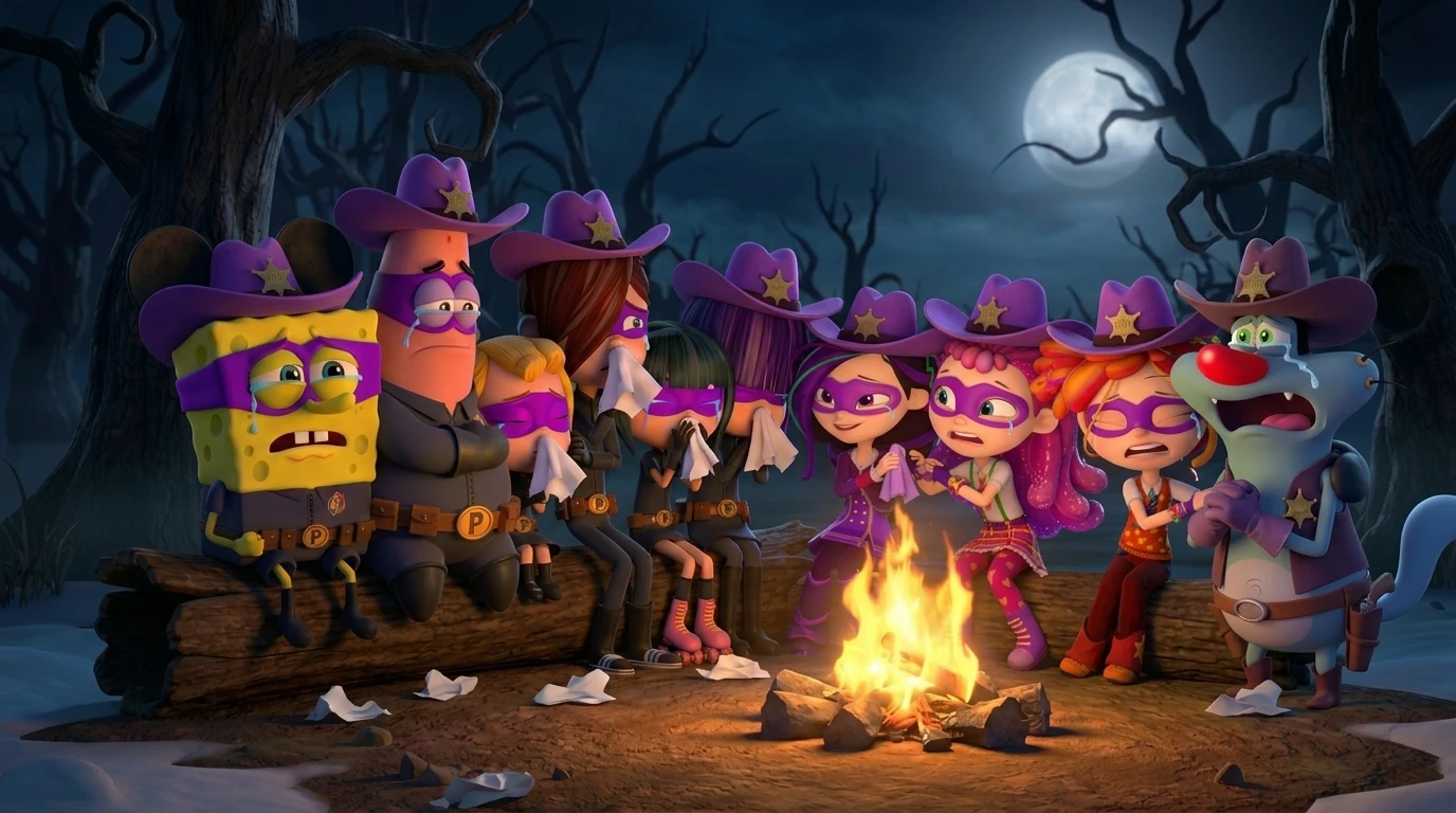 Cartoon friends hugging and crying by a campfire in snow