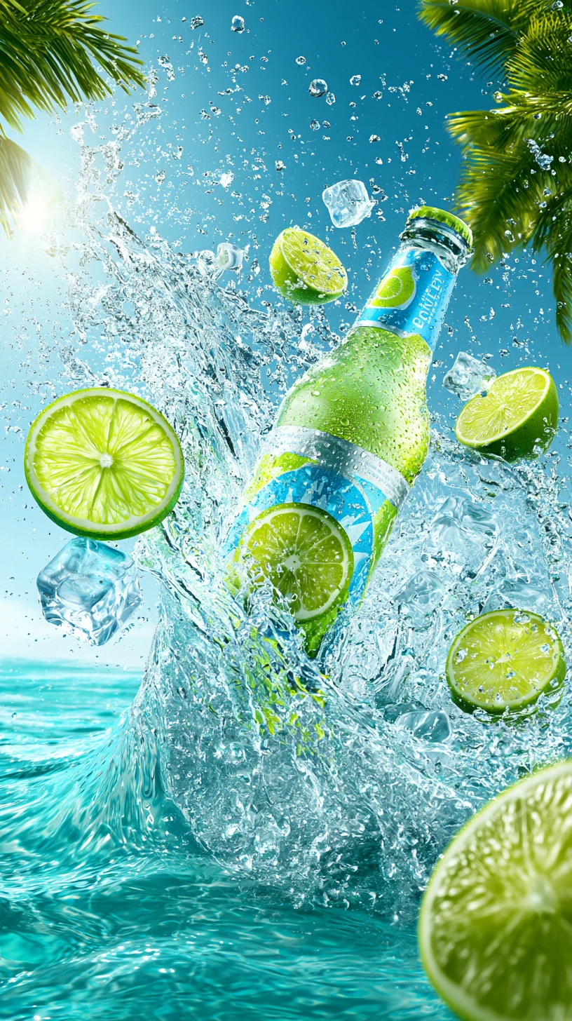 Luxury beverage bottle bursting through crystal water splash