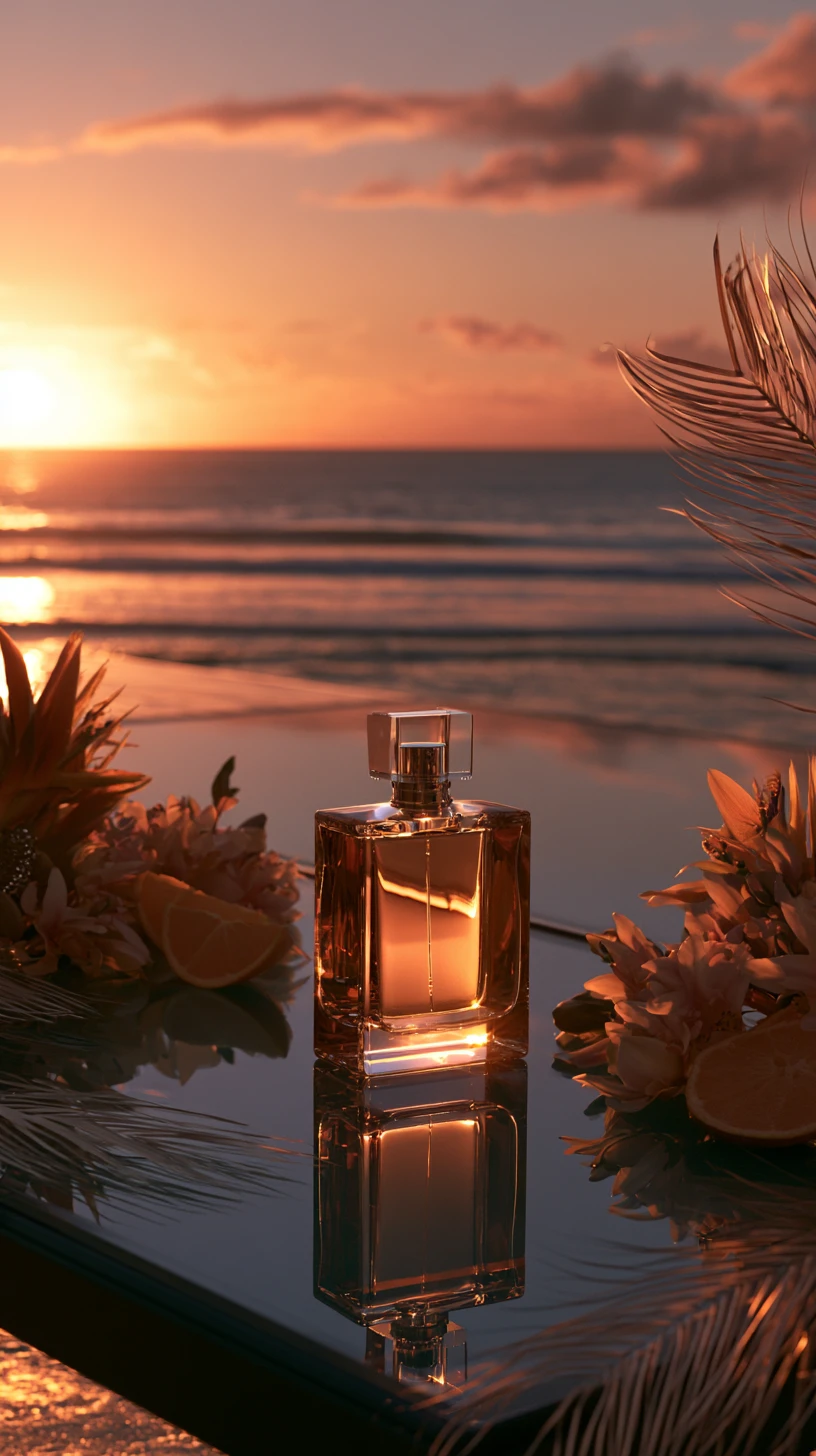 Luxury perfume bottle by tropical ocean at sunset