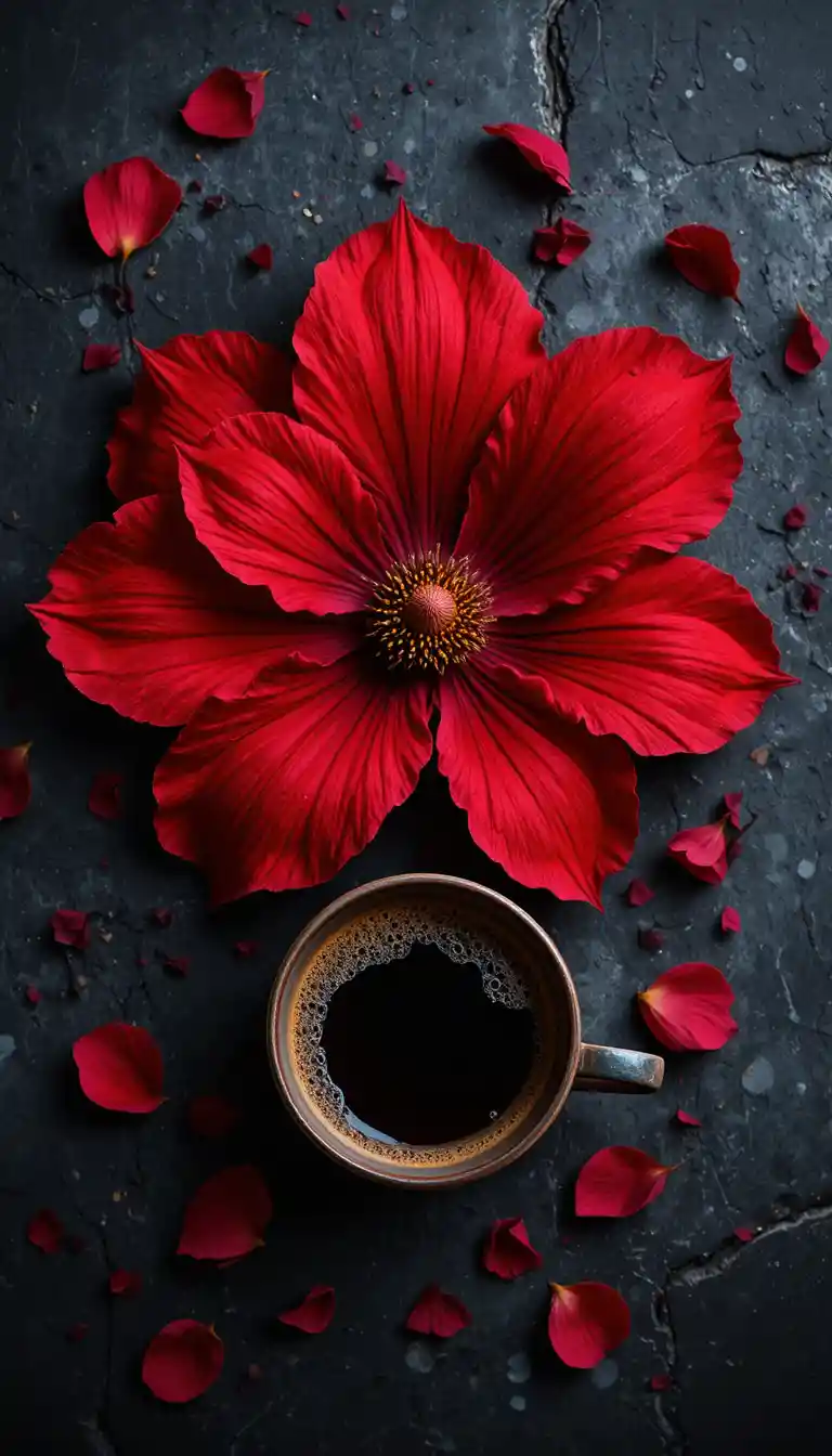 Fleur rouge et espresso sur pierre sombre en vue plongeante
