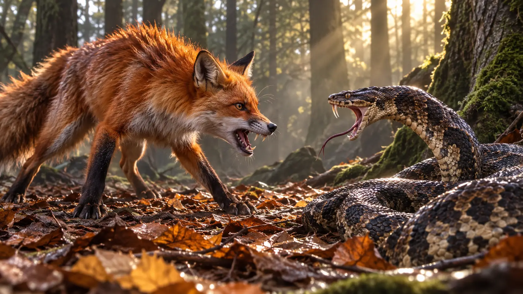 Fox And Snake Confrontation In Misty Sunlit Forest