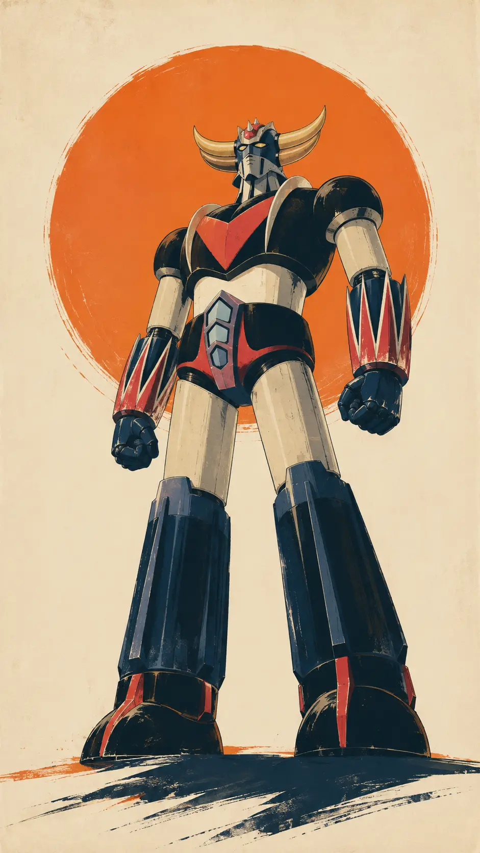 Heroic giant robot portrait with stylized sun backdrop