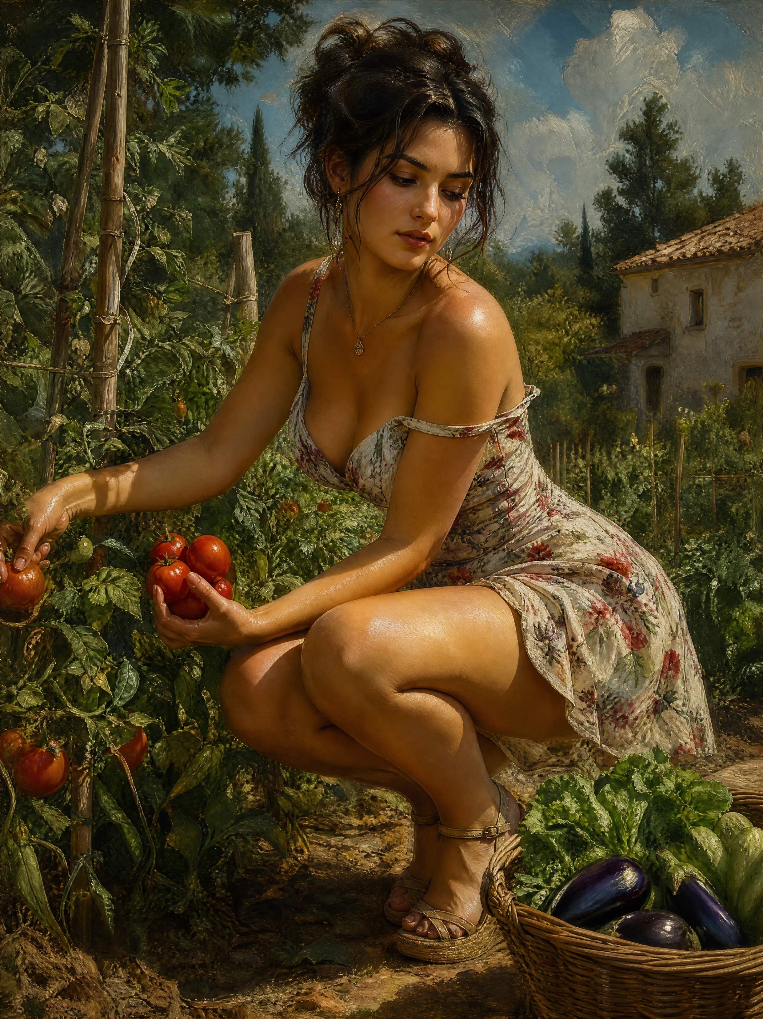 Young woman picking tomatoes in a sunlit garden
