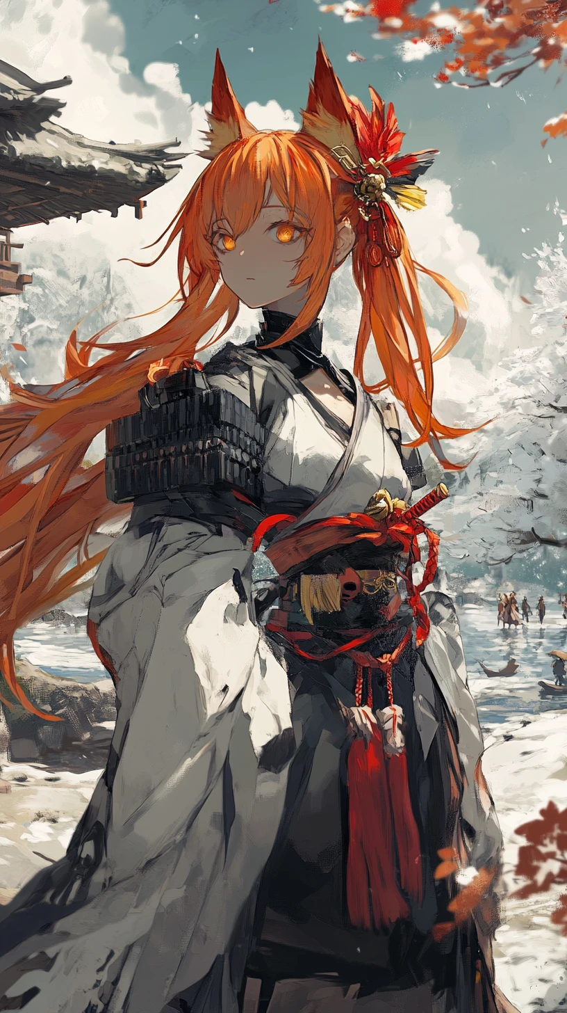 Armed anime girl in black jacket by a tranquil lake