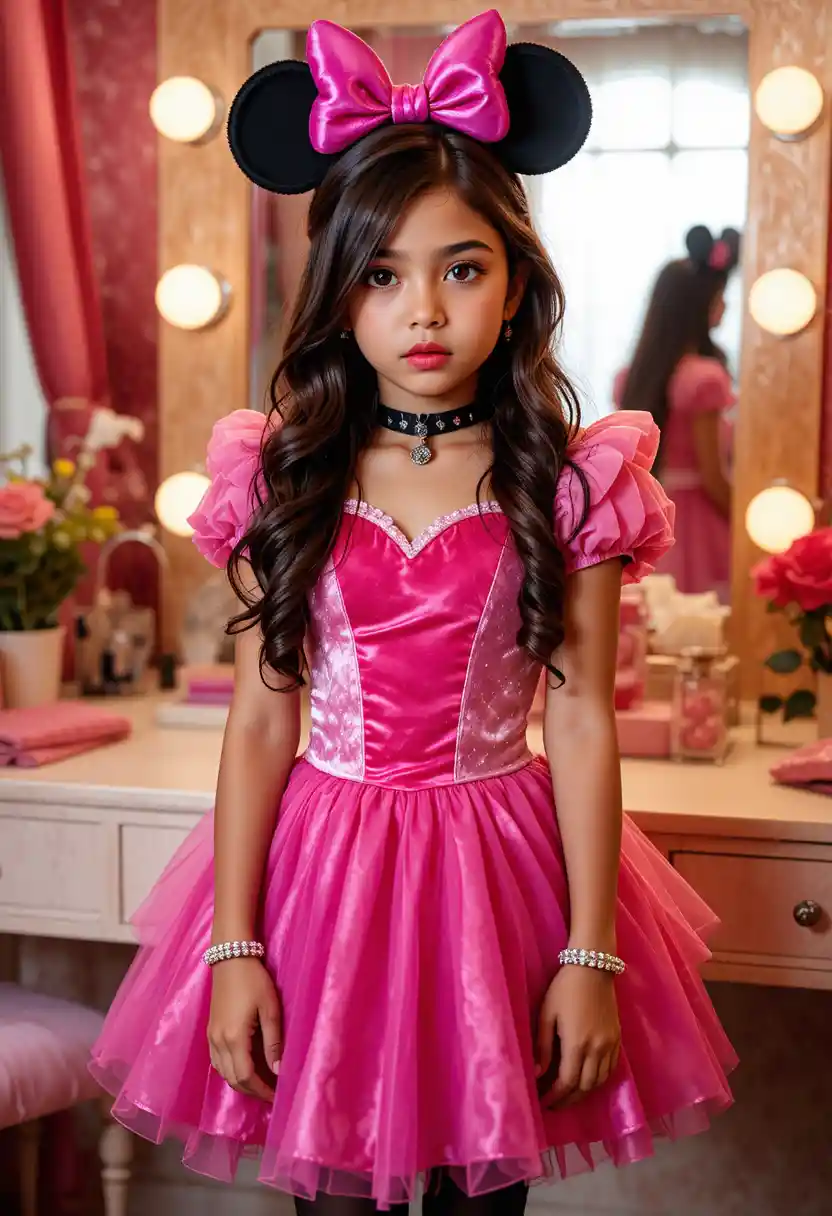 Ragazzo ispanico preadolescente in costume da principessa davanti al vanity