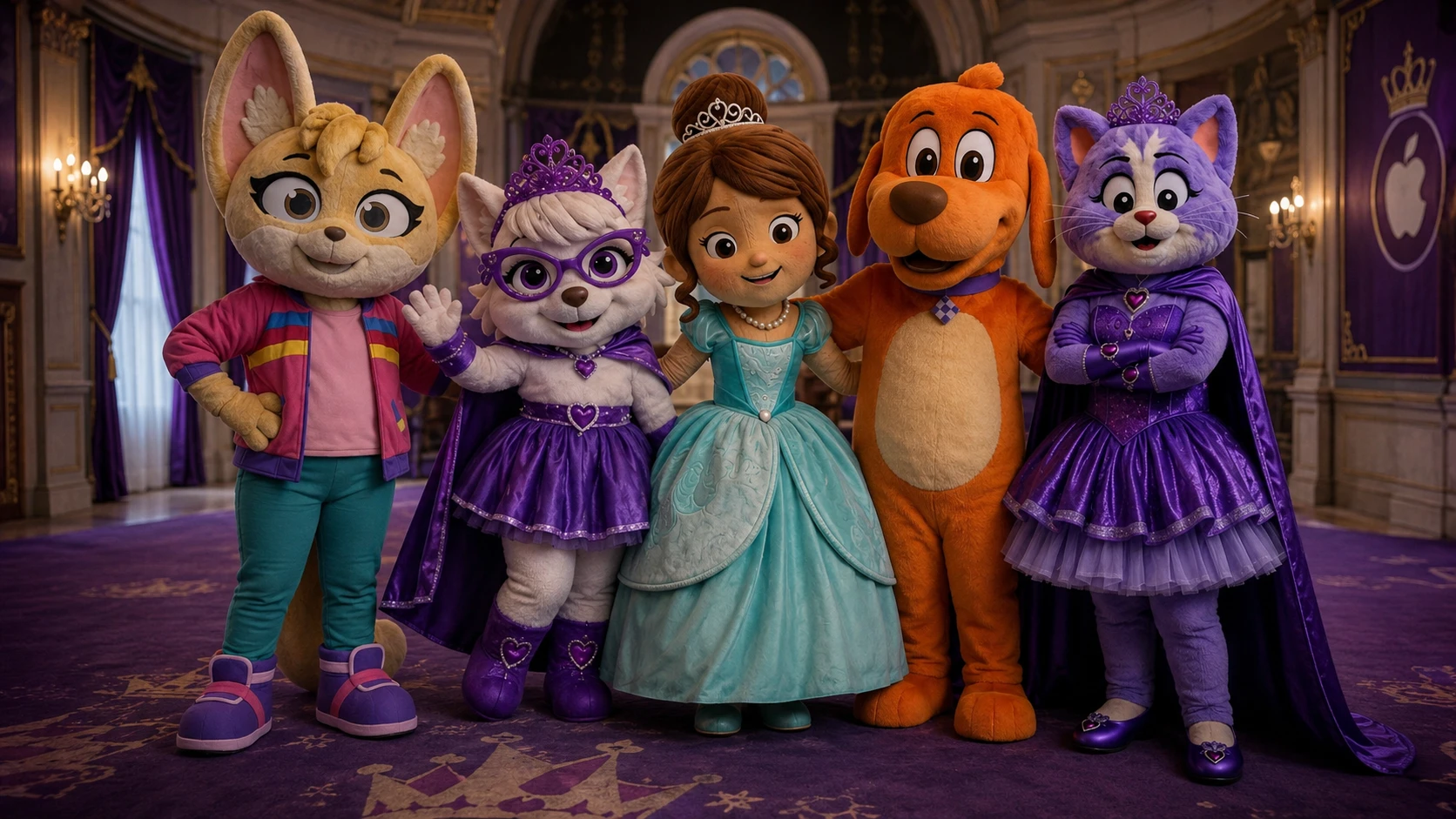 Five mascot girls posing together in front of a castle