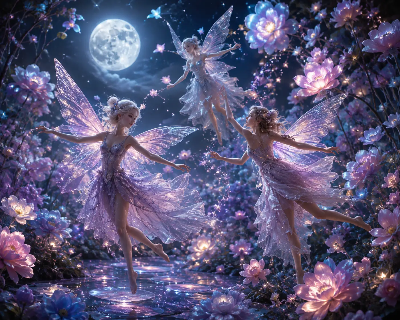 Moonlit fairies dancing in a glowing surreal garden