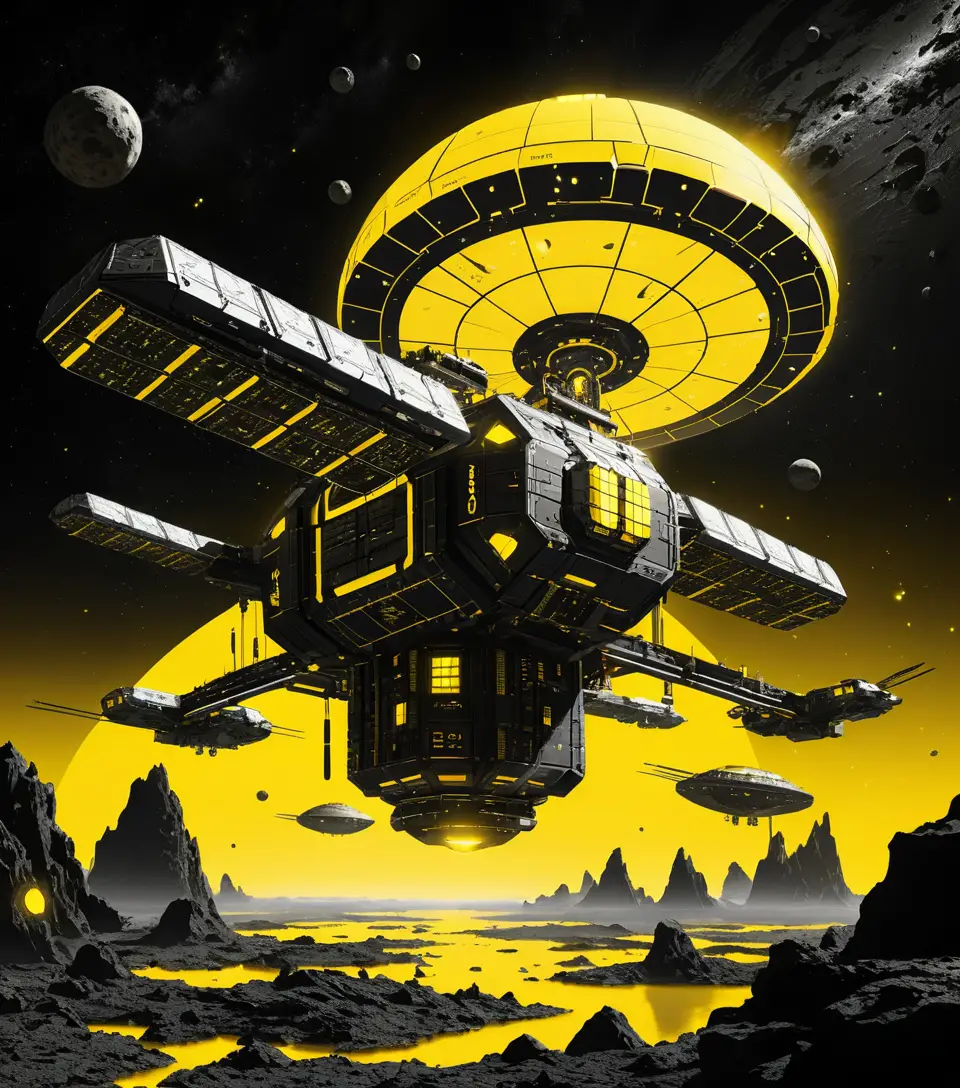 Futuristic space station above a glowing yellow asteroid field