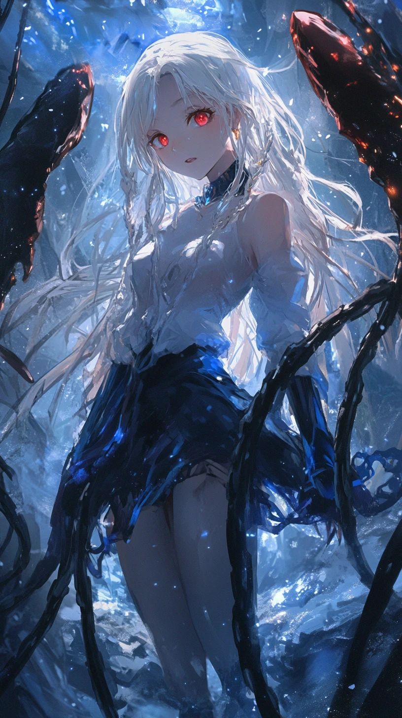 Anime girl in greasy clothes before a glowing crystal