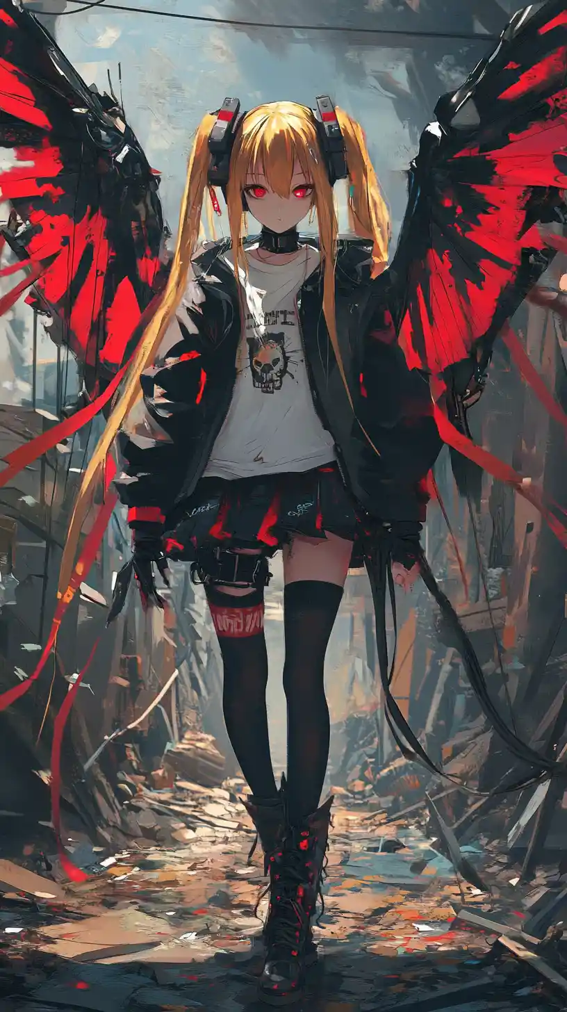 Fille d’anime en tenue tactique avec nœud à plume rouge