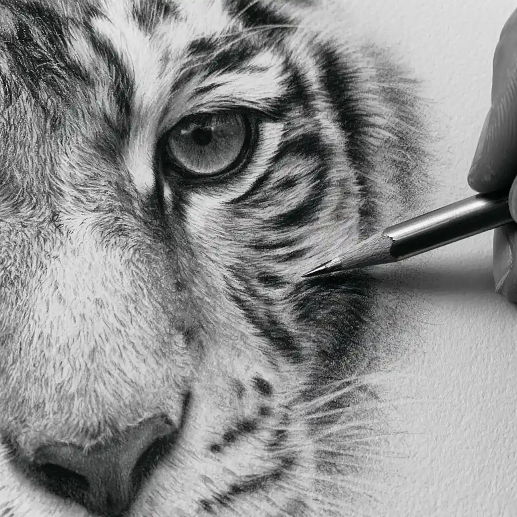Schizzo 3D a matita in primo piano del volto di una tigre bianca