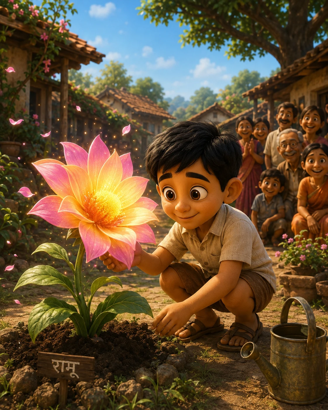 Young boy tending a mystical flower in a village garden