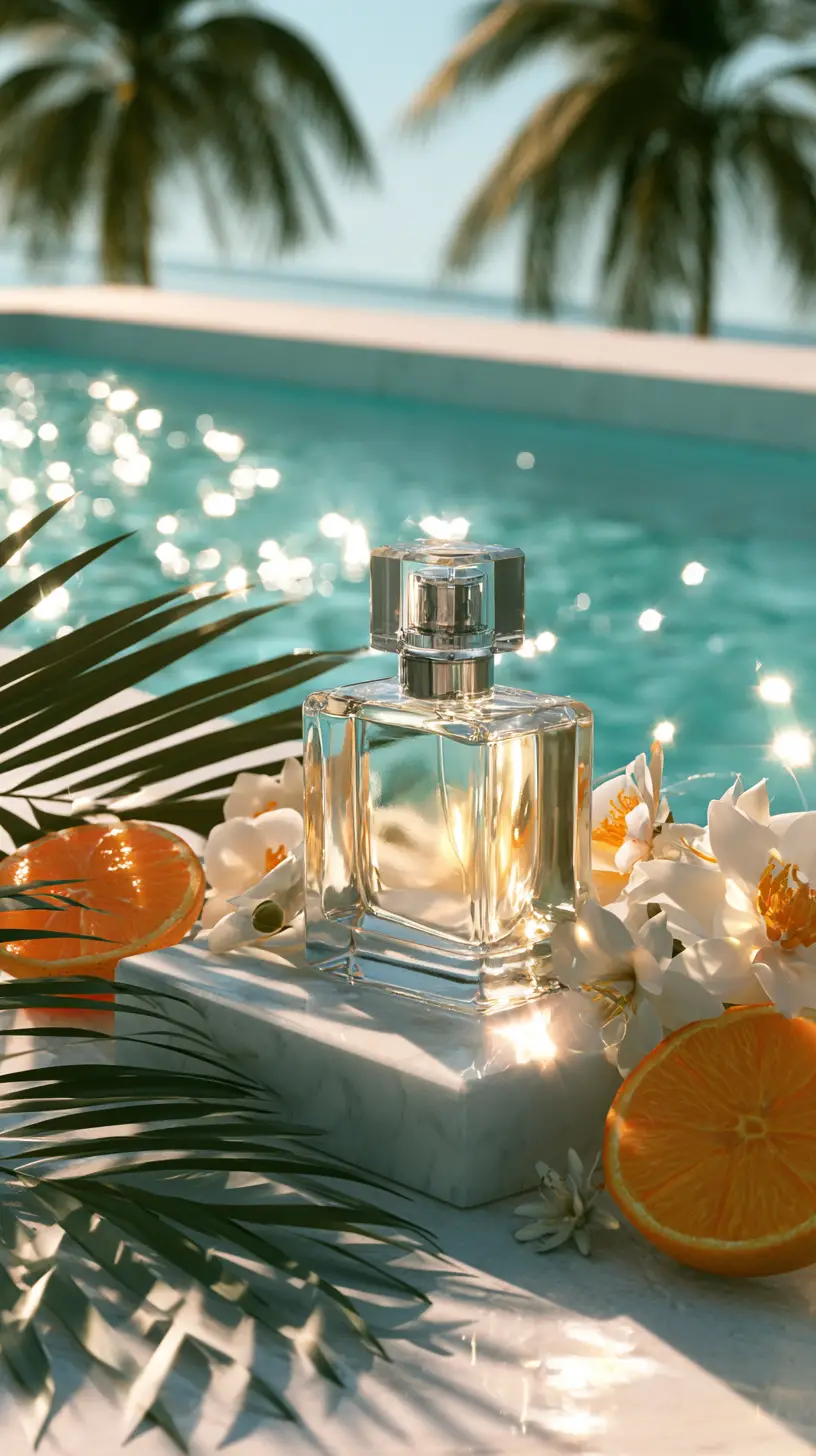 Luxury perfume bottle by infinity pool with sunlight reflections