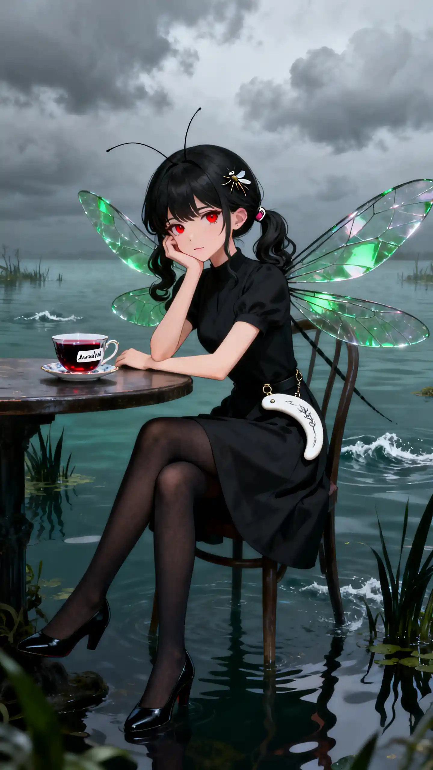 Elegante mulher-mosquito relaxando em uma casa na lagoa