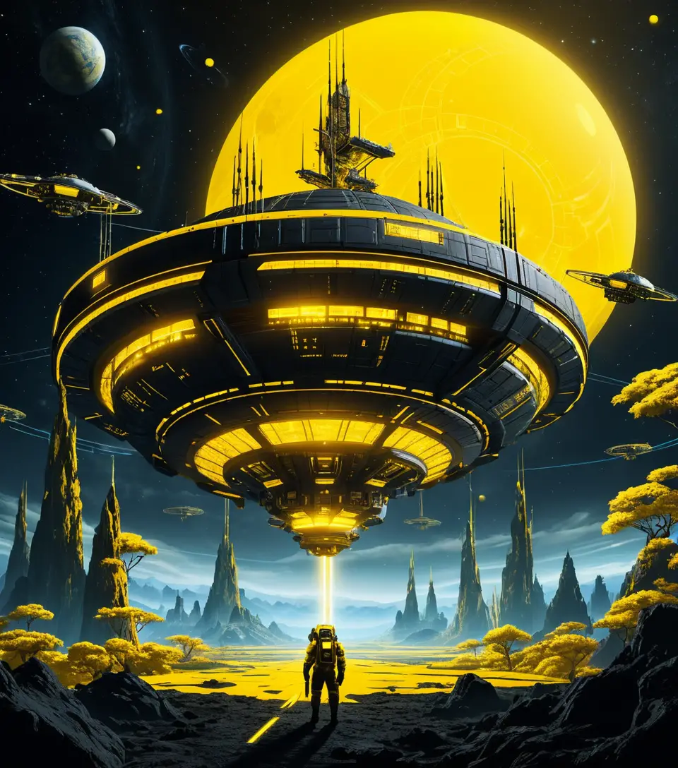 Futuristic space station in orbit above a yellow jungle planet