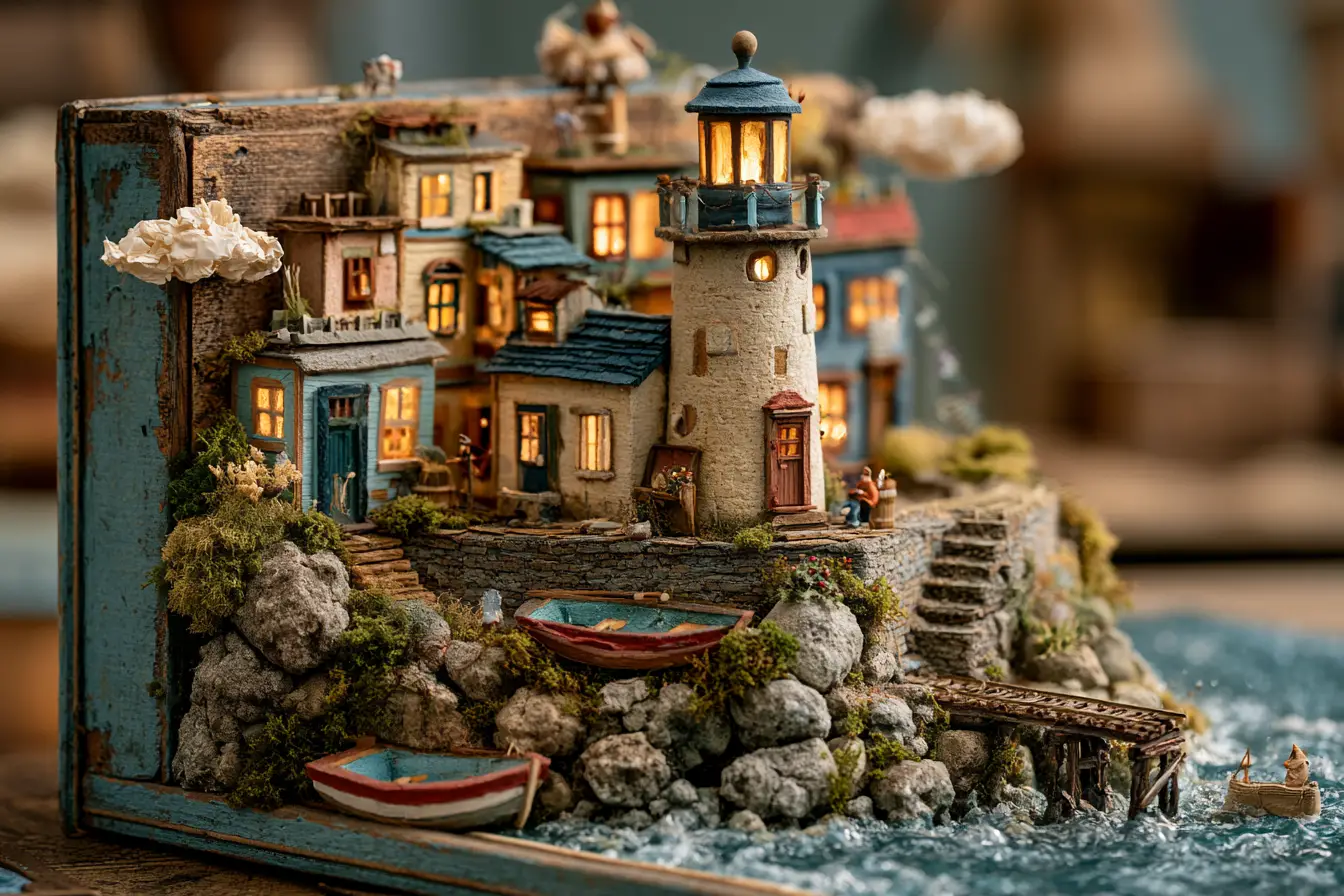 Whimsical Miniature Victorian Seaside Town Inside Wooden Cabinet