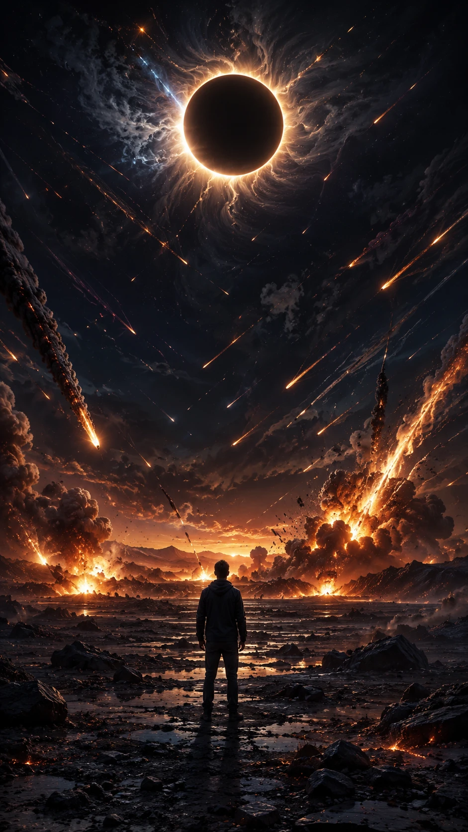 Man watching solar eclipse over burning apocalyptic landscape