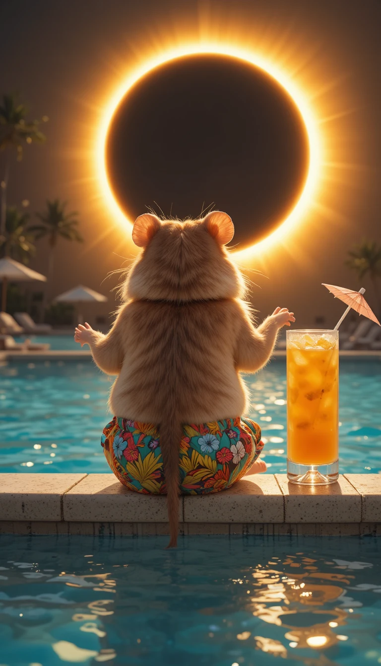 Happy hamster relaxing at a sunny utopian lido pool
