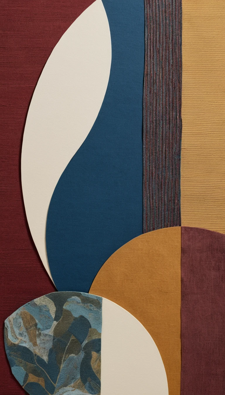 Abstract textile collage with layered striped and patterned forms