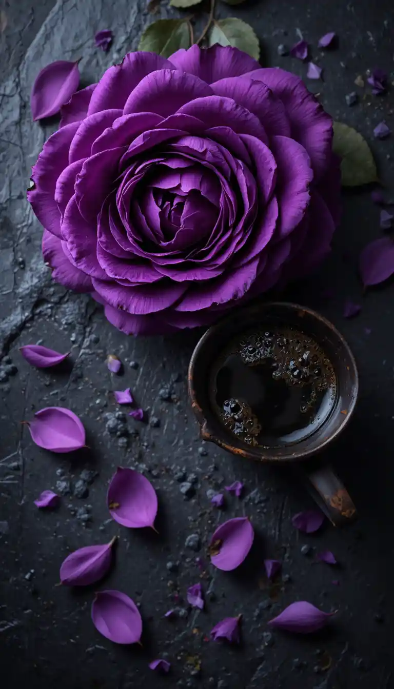 Purple rose and espresso on dark stone background