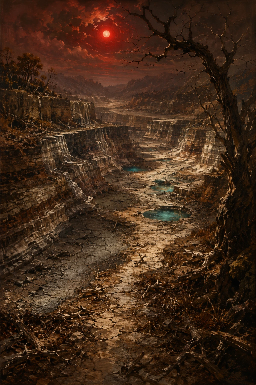 Oil painting of a dry canyon riverbed and vanished waterfalls