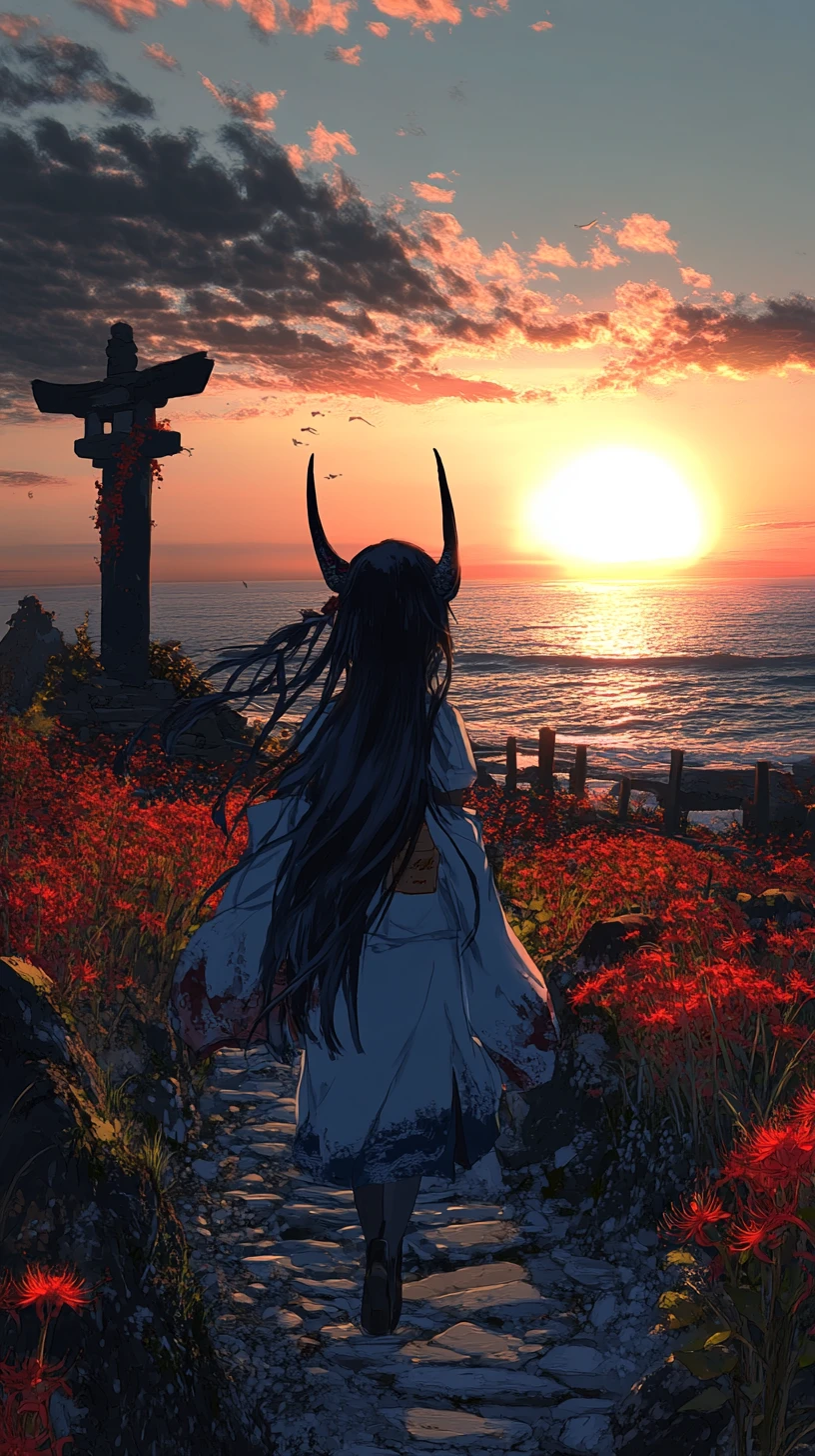 Anime girl walking along a sunset beach shoreline