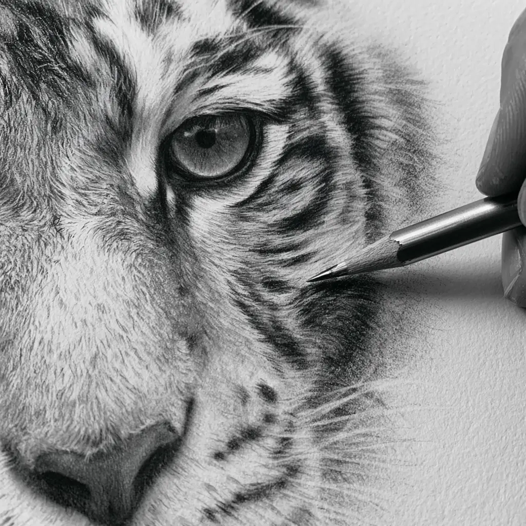 Close up 3D pencil sketch of a white tiger face