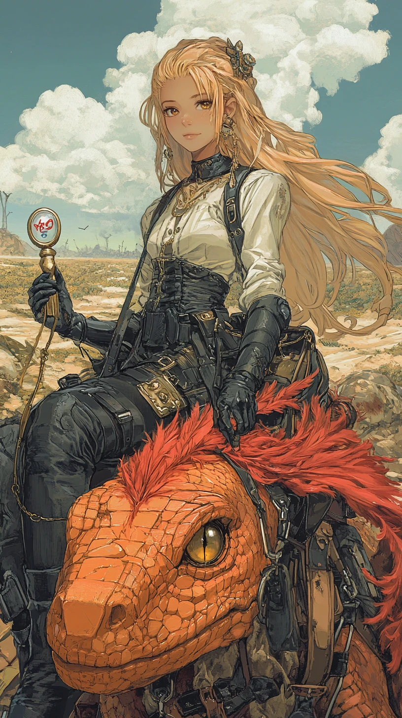 Girl riding a saddled lizard through a stormy desert