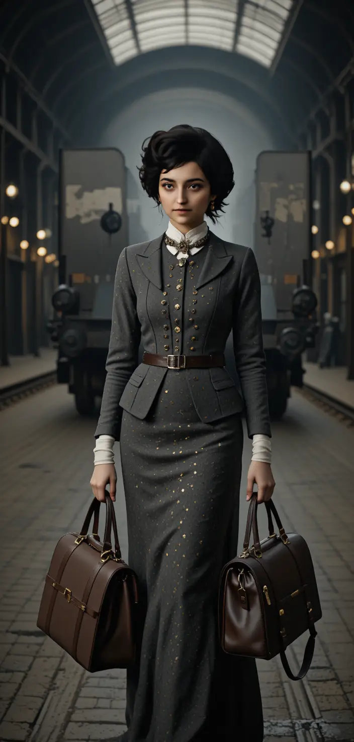 Elegant woman in victorian suit on nostalgic train platform