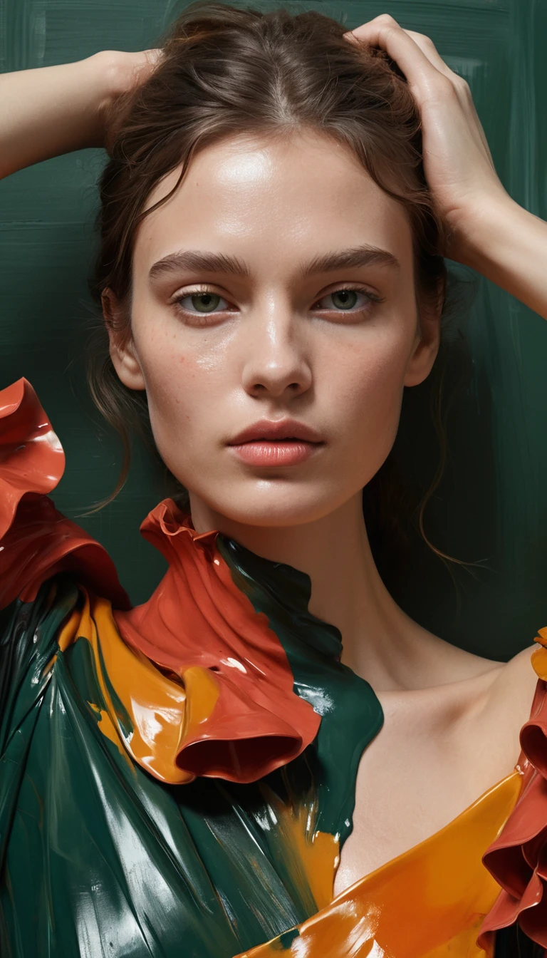 Top down portrait of a woman lying in glossy paint