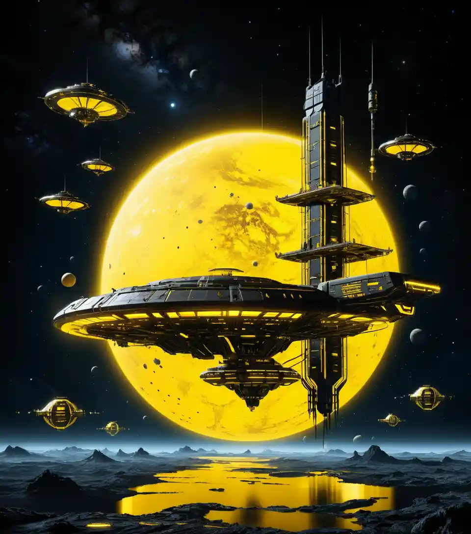 Futuristische Raumstation im Orbit über gelbem Ozeanplaneten