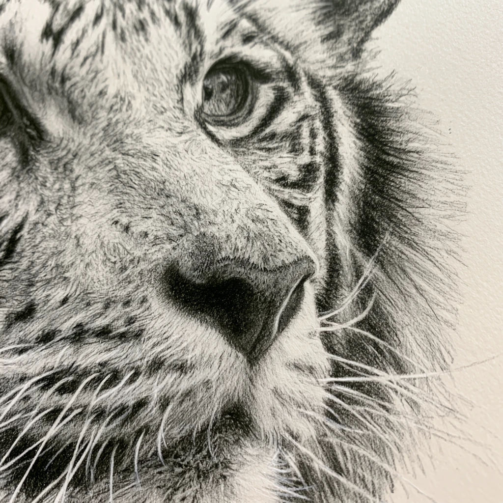 Close up pencil sketch of a white tiger face
