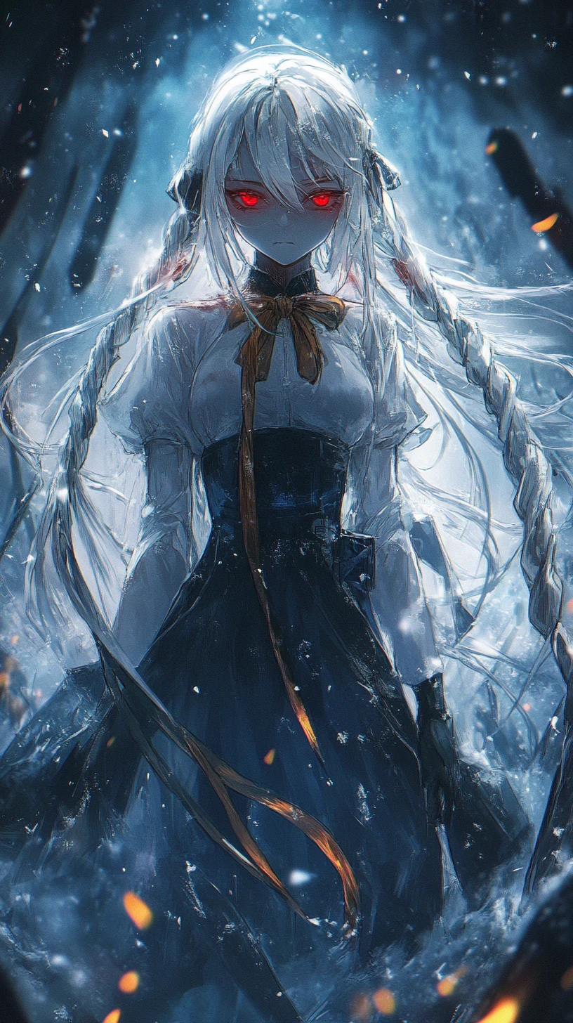 Anime girl in a grimy outfit watching a glowing crystal