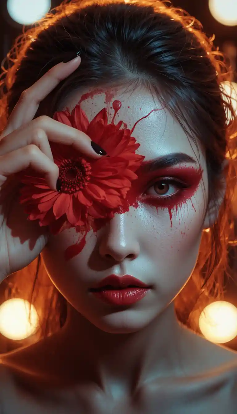 Woman holding a red flower over one eye in warm light