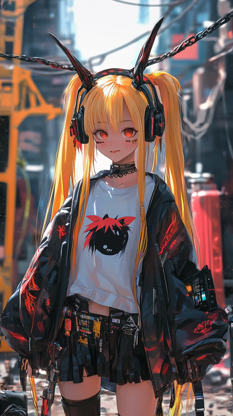 Anime girl in tactical outfit walking through a busy port